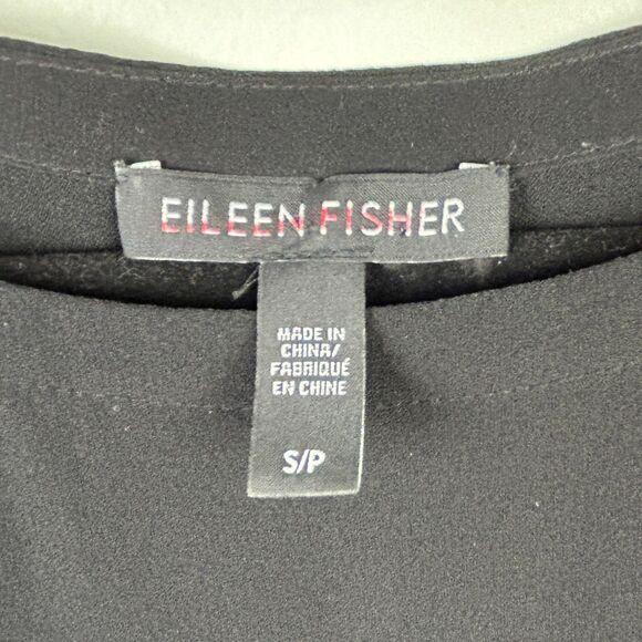 Eileen Fisher Color Block Short Sleeve Silk Top Bateau Neck Blouse Black Cream S - Picture 9 of 12